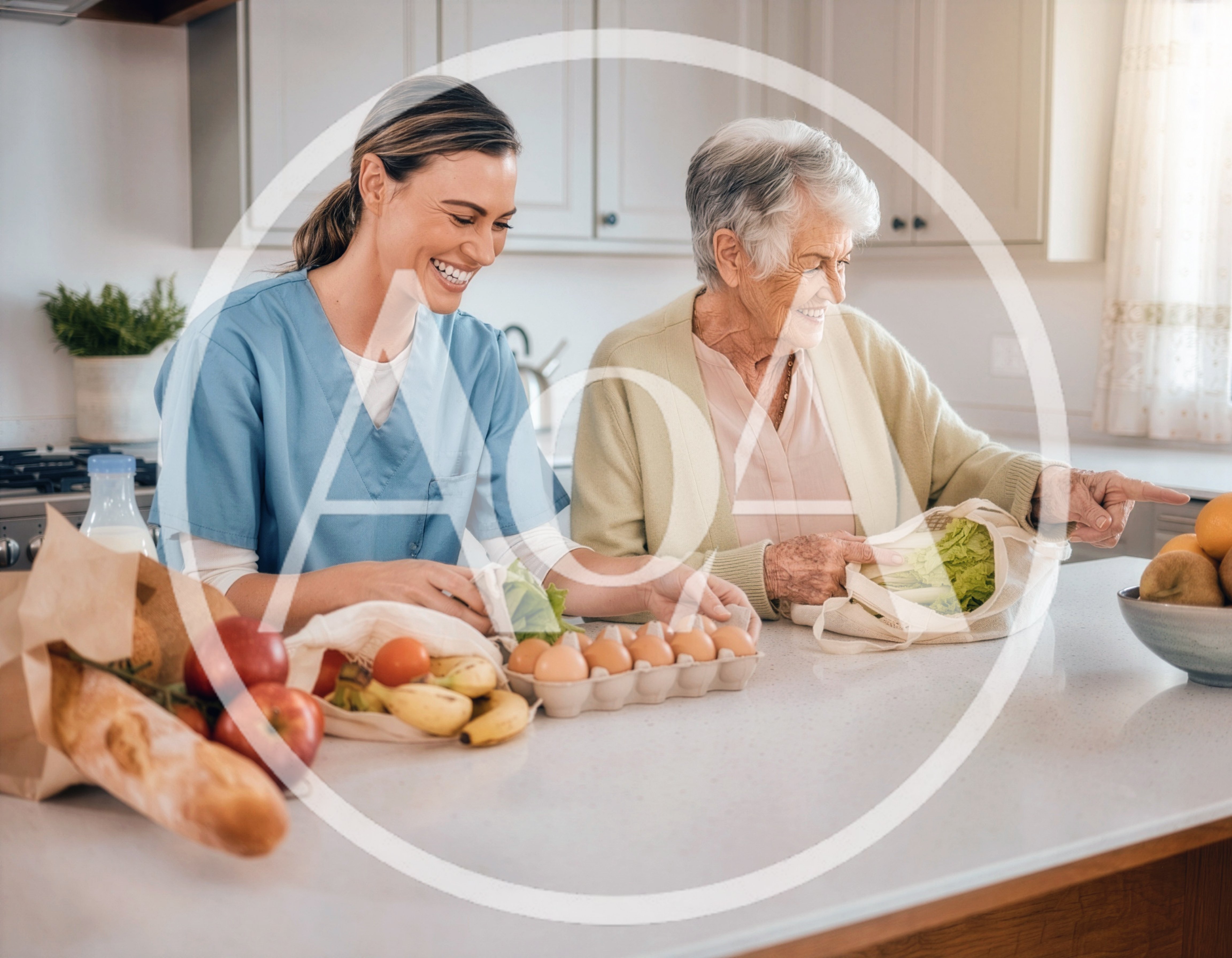 Caregiver Helping Senior Woman Unpack Groceries In Kitchen