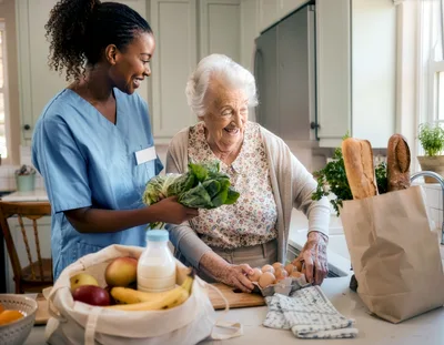 Caregiver Helping Elderly Woman Unpack Groceries