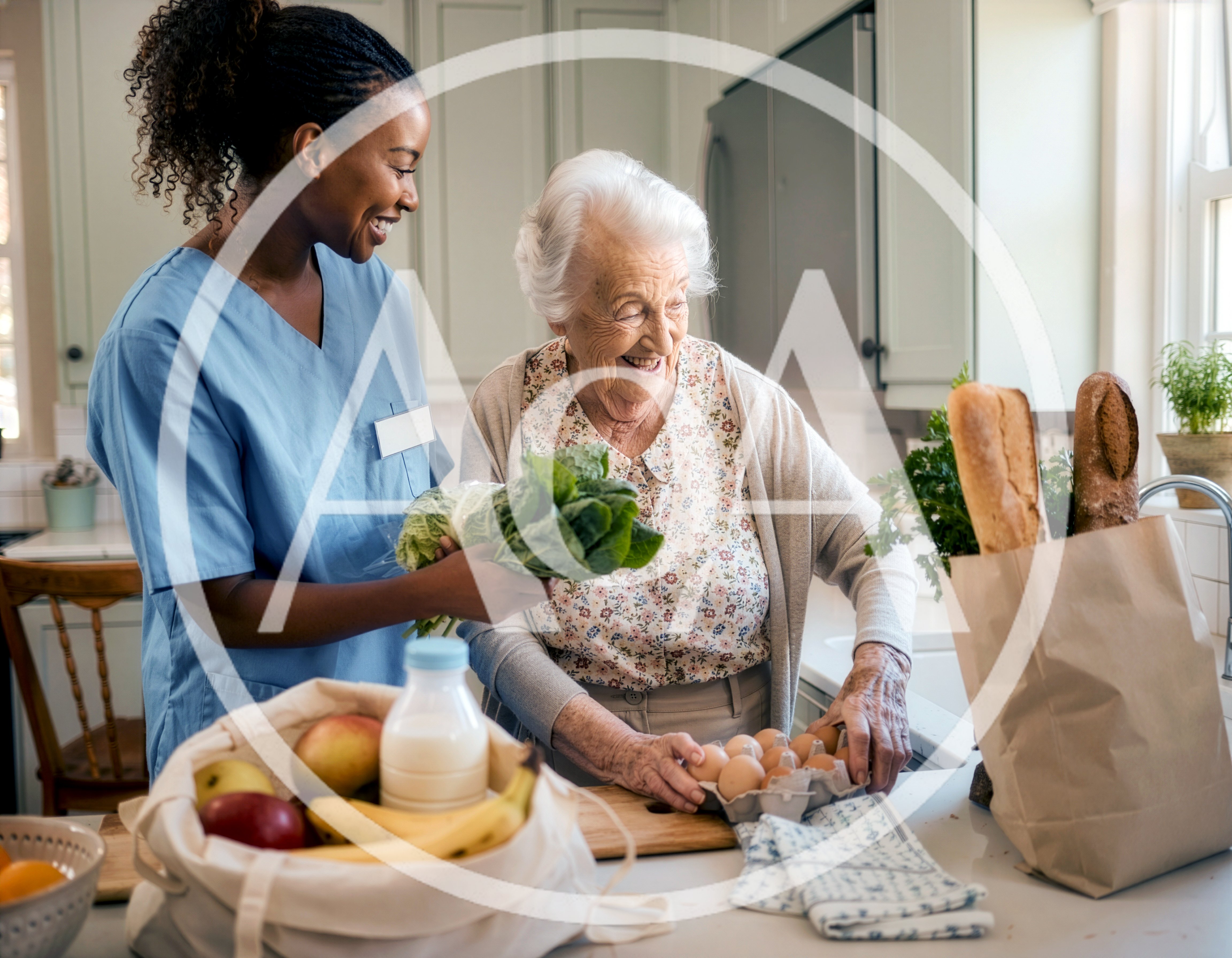 Caregiver Helping Elderly Woman Unpack Groceries