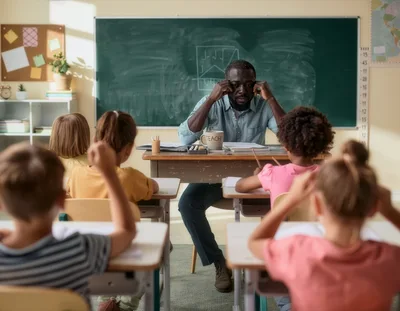 Stressed Teacher Sitting at Desk in Elementary Classroom