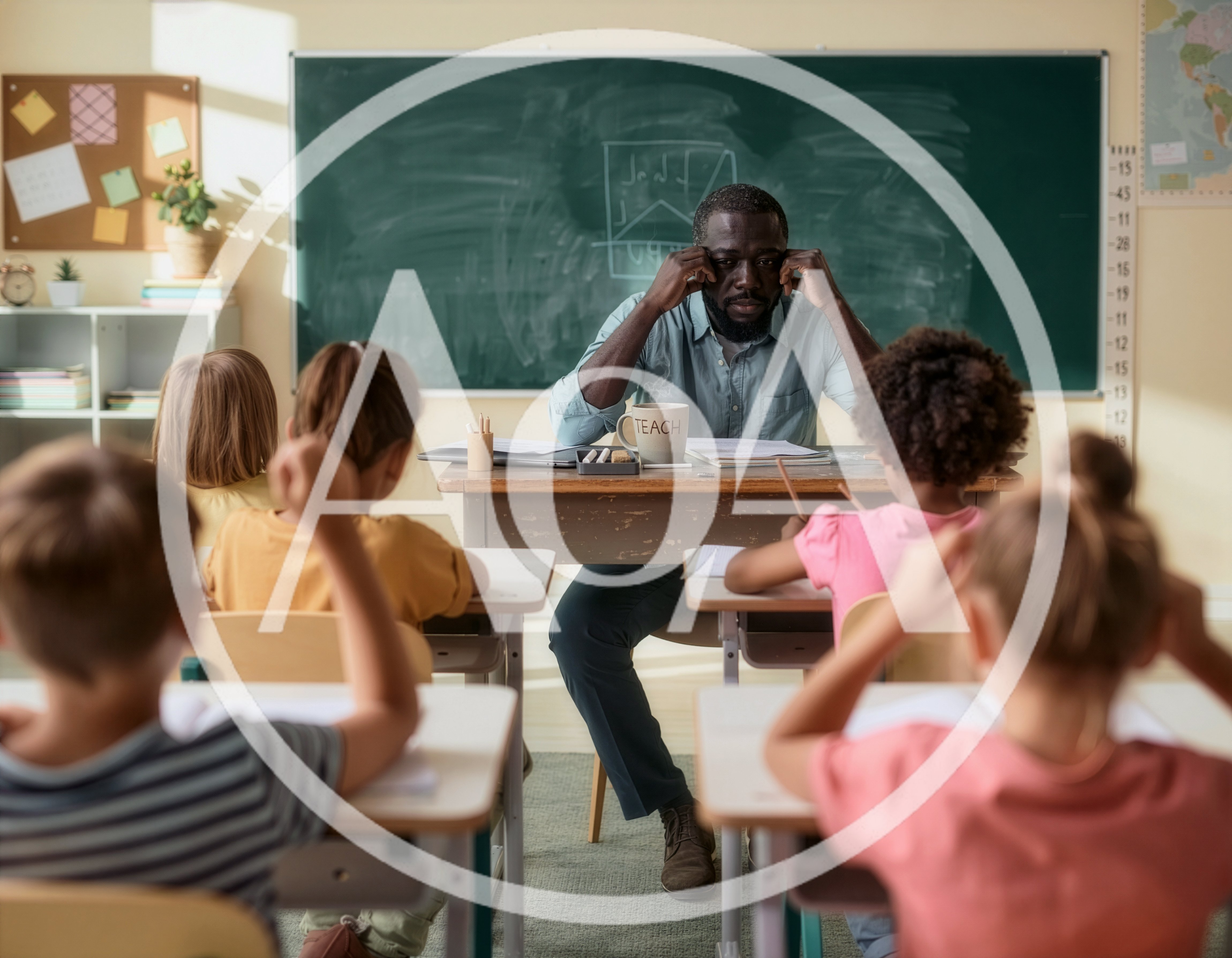 Stressed Teacher Sitting at Desk in Elementary Classroom