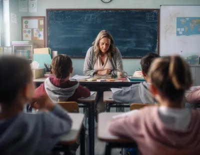 Stressed Teacher Sitting at Desk in Classroom