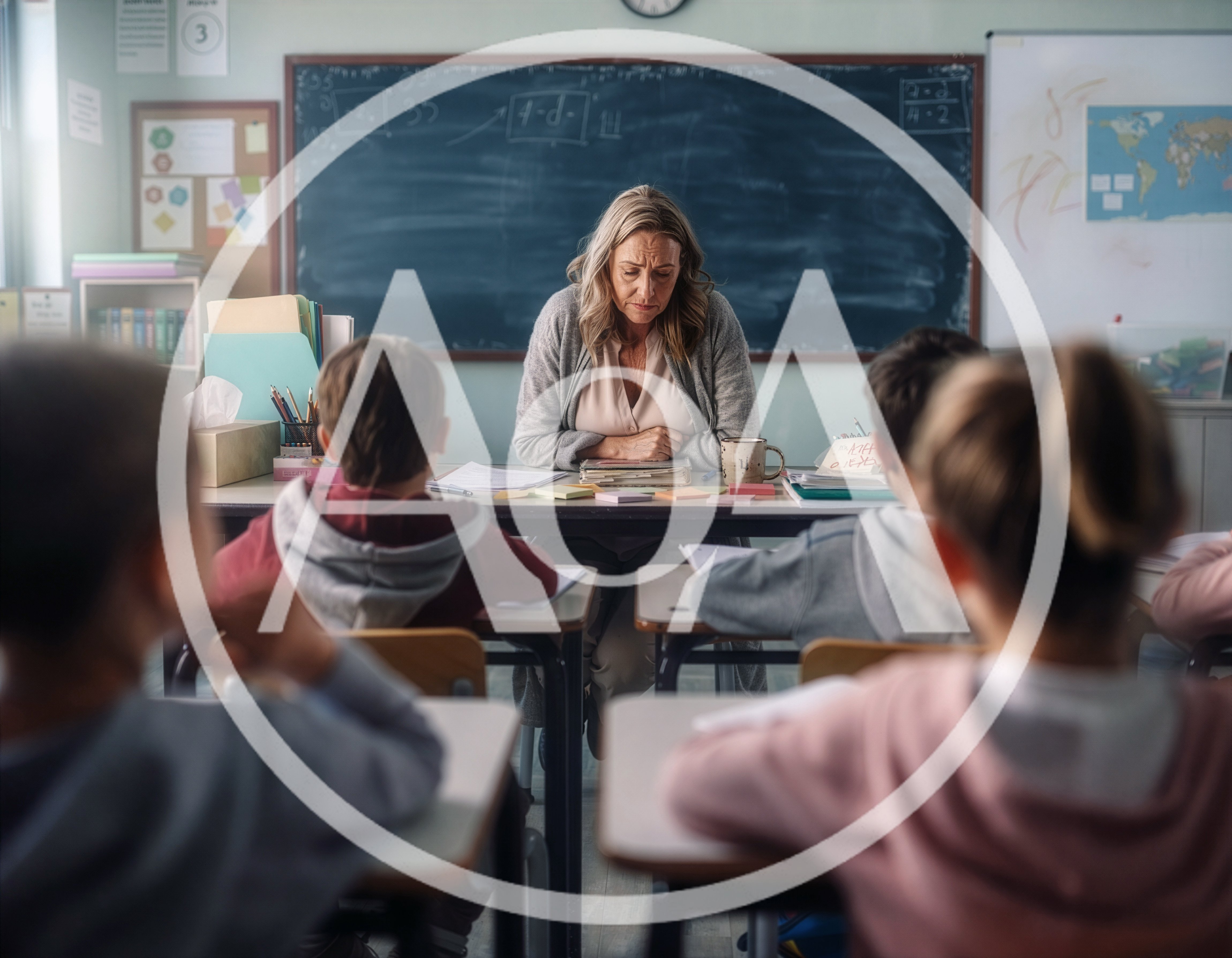 Stressed Teacher Sitting at Desk in Classroom