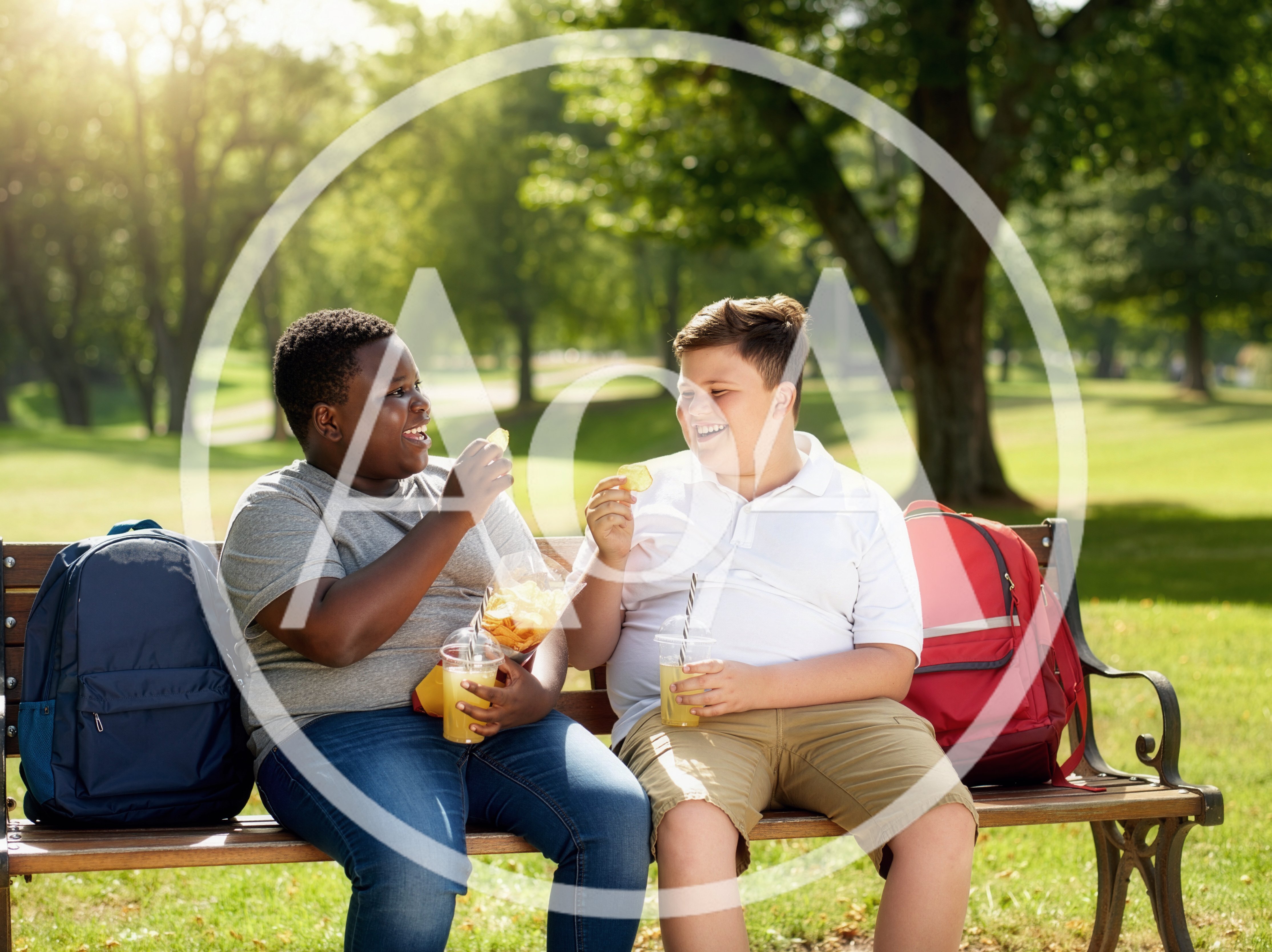 Two Boys Eating Snacks on a Park Bench