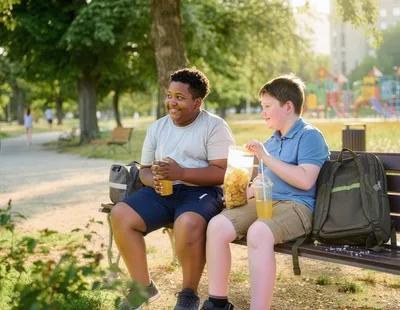 Two Boys Eating Snacks and Drinking Juice on Park Bench