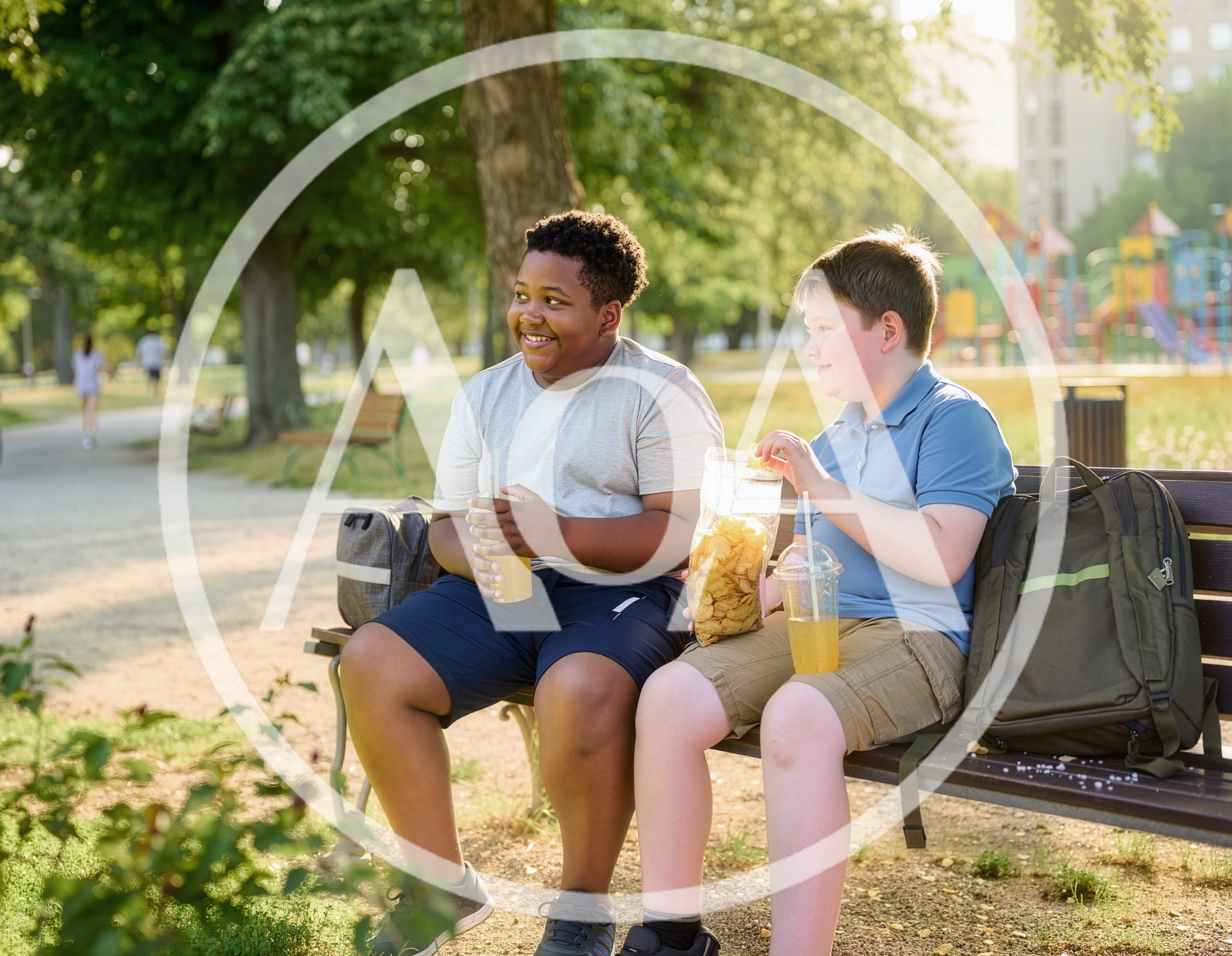 Two Boys Eating Snacks and Drinking Juice on Park Bench