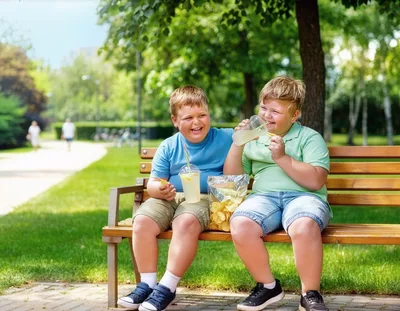 Two Happy Boys Eating Snacks on a Park Bench