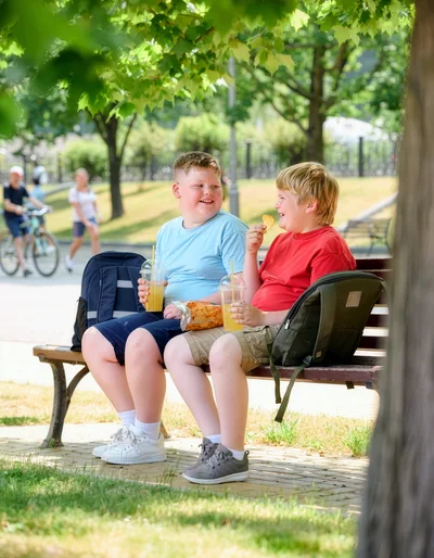 Two Boys Eating Snacks and Drinking Juice on Park Bench