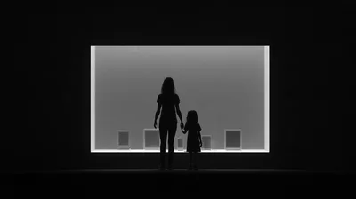 Silhouette Of Mother And Daughter Looking At Museum Display