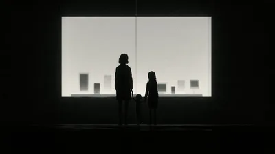 Silhouetted Family Looking Into A Bright Store Window