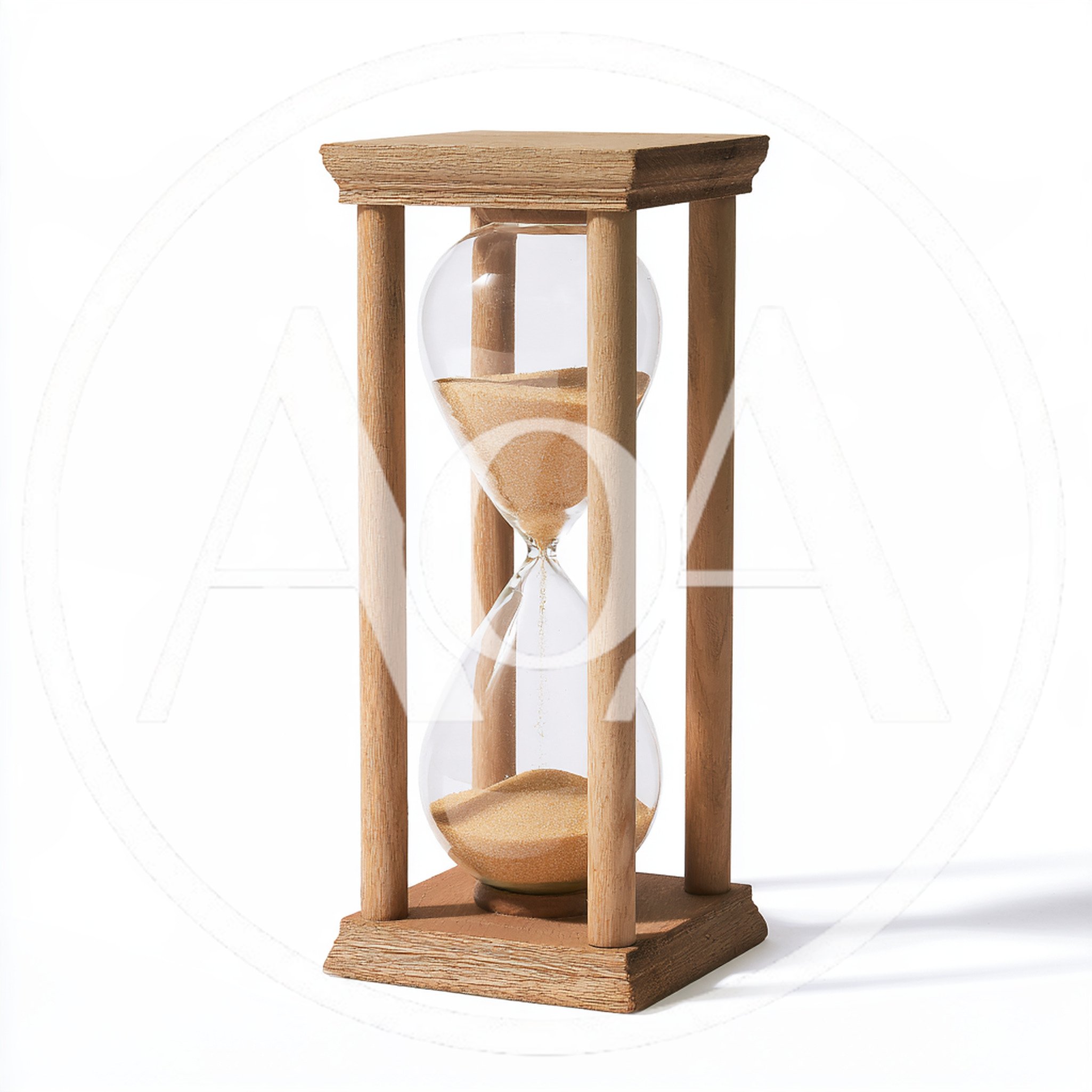Wooden Hourglass With Flowing Sand On White Background