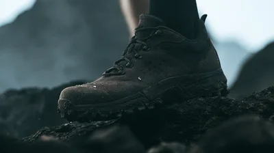 Close Up Of Hiking Boot Stepping On Rocky Terrain