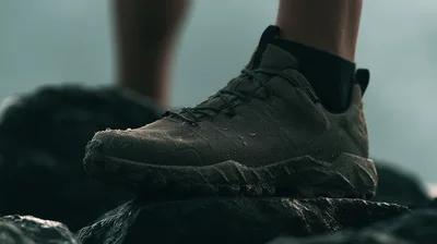 Close Up Of Hiking Boot On Wet Rock