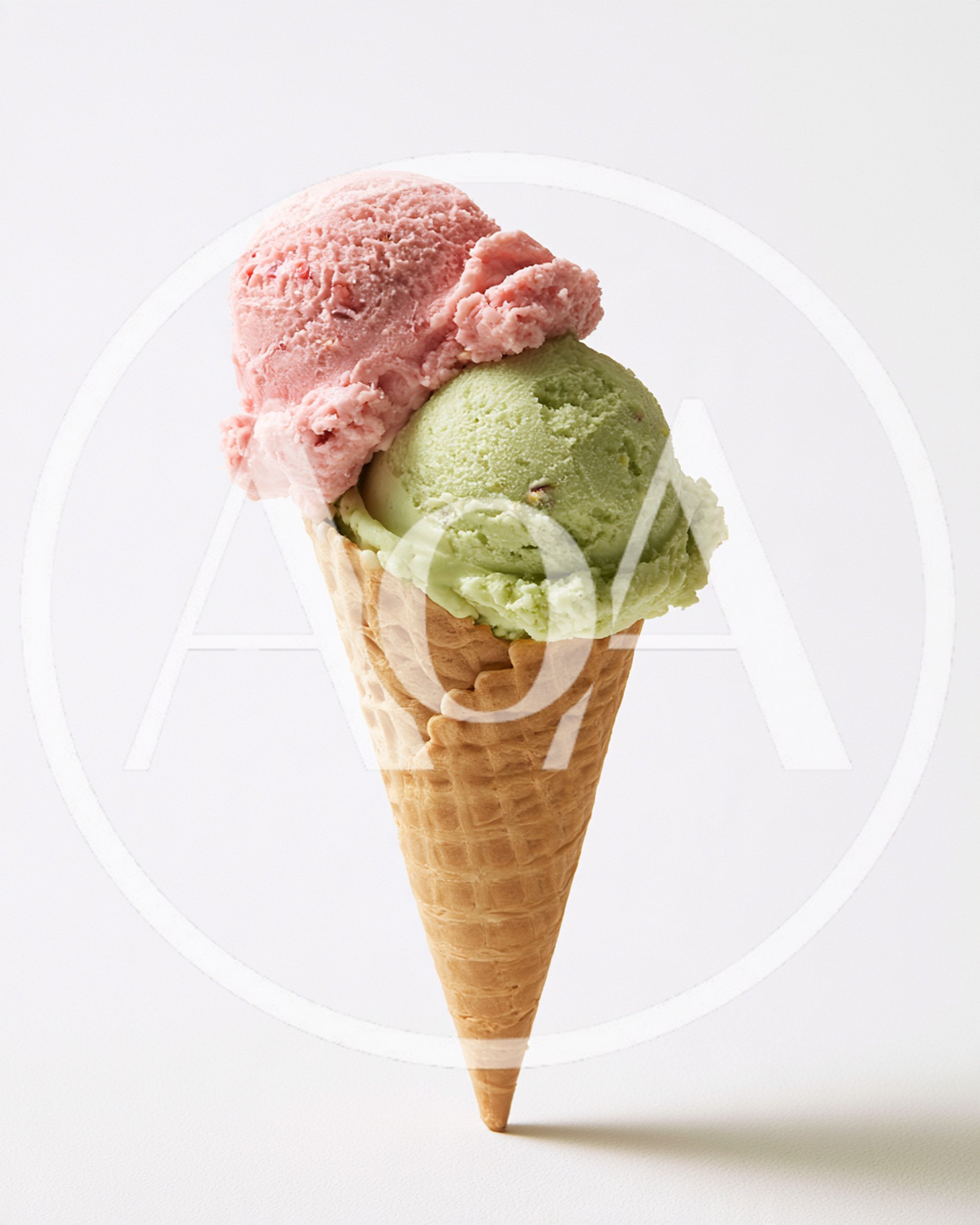 Double Scoop Ice Cream Cone With Strawberry And Pistachio