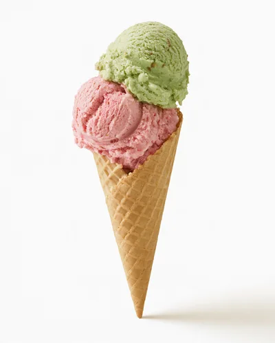 Double Scoop Ice Cream Cone With Strawberry And Pistachio