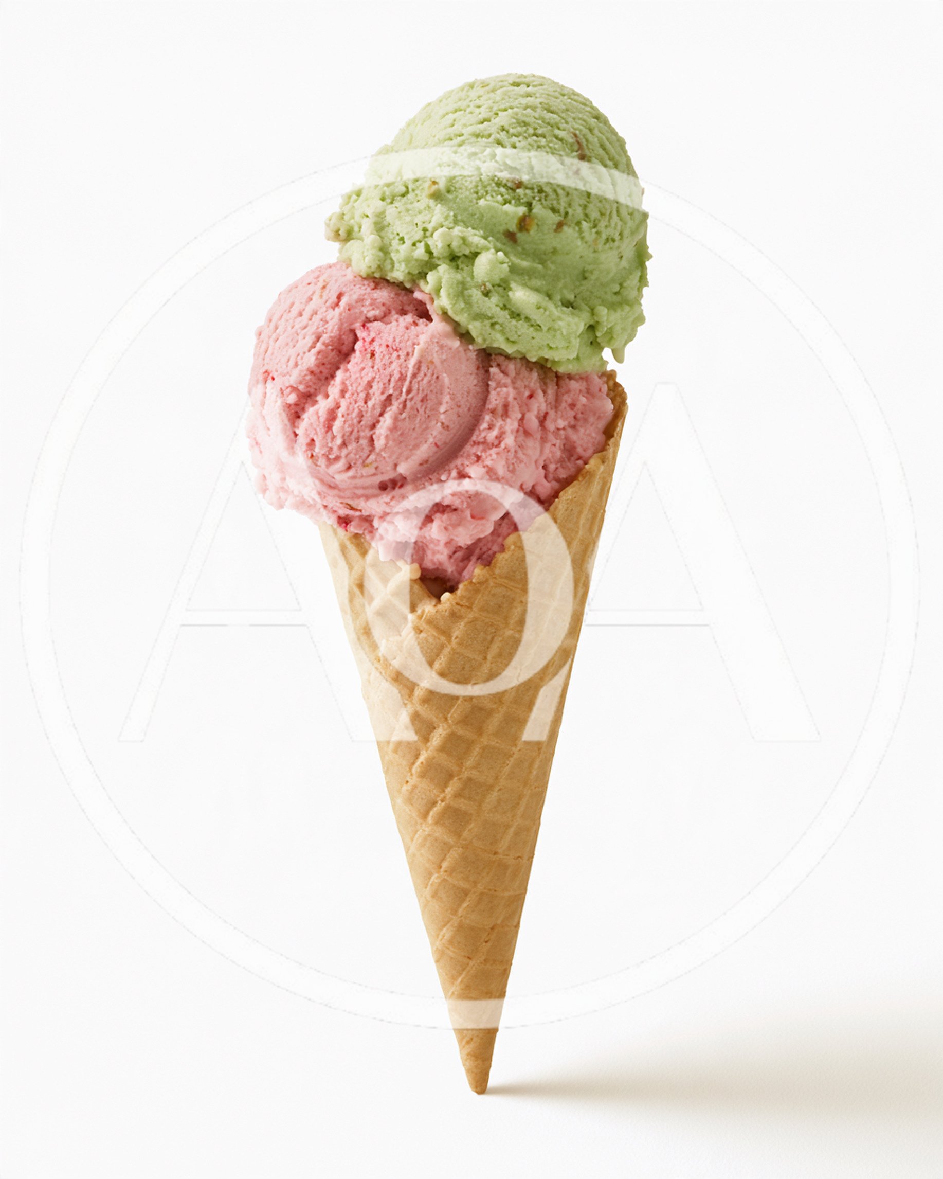 Double Scoop Ice Cream Cone With Strawberry And Pistachio