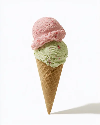 Double Scoop Ice Cream Cone on White Background
