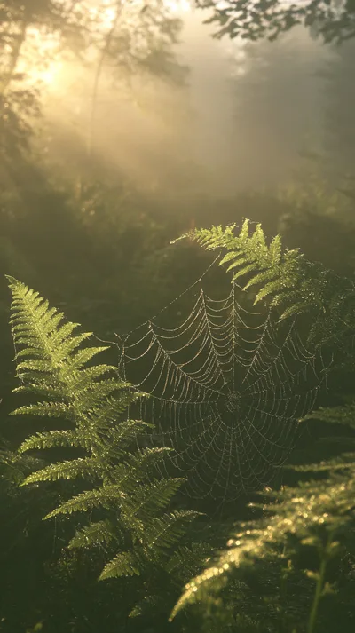 Dew Covered Spider Web Between Fern Leaves