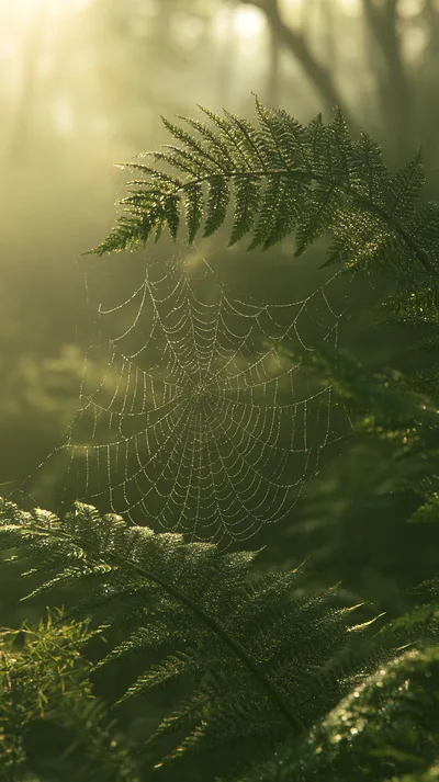 Dew Covered Spider Web Between Fern Leaves