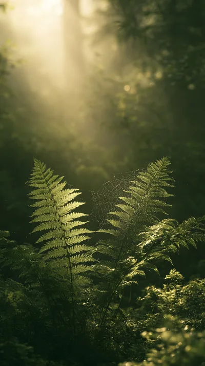Dew Covered Ferns In A Sunlit Forest