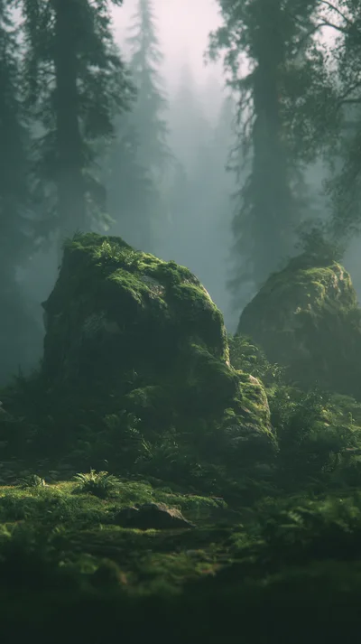 Mossy Boulders In A Misty Ancient Forest