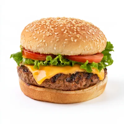 Classic Cheeseburger With Lettuce And Tomato On White