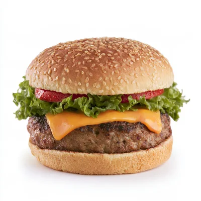 Classic Cheeseburger With Lettuce And Tomato On White Background