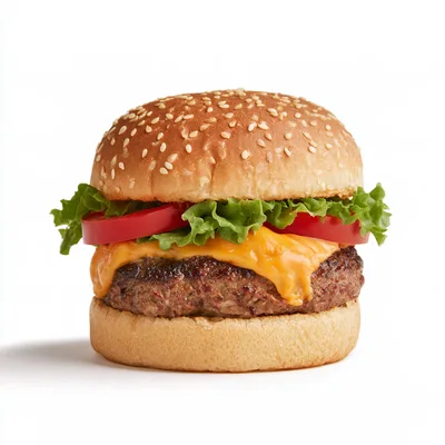 Classic Cheeseburger With Lettuce And Tomato On White Background