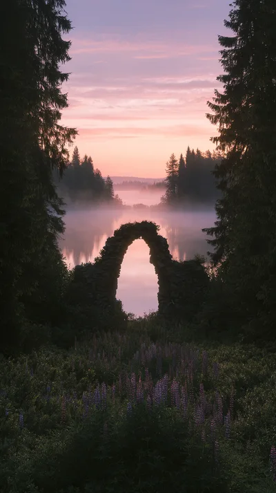 Stone Archway Overlooking A Misty Lake At Sunrise