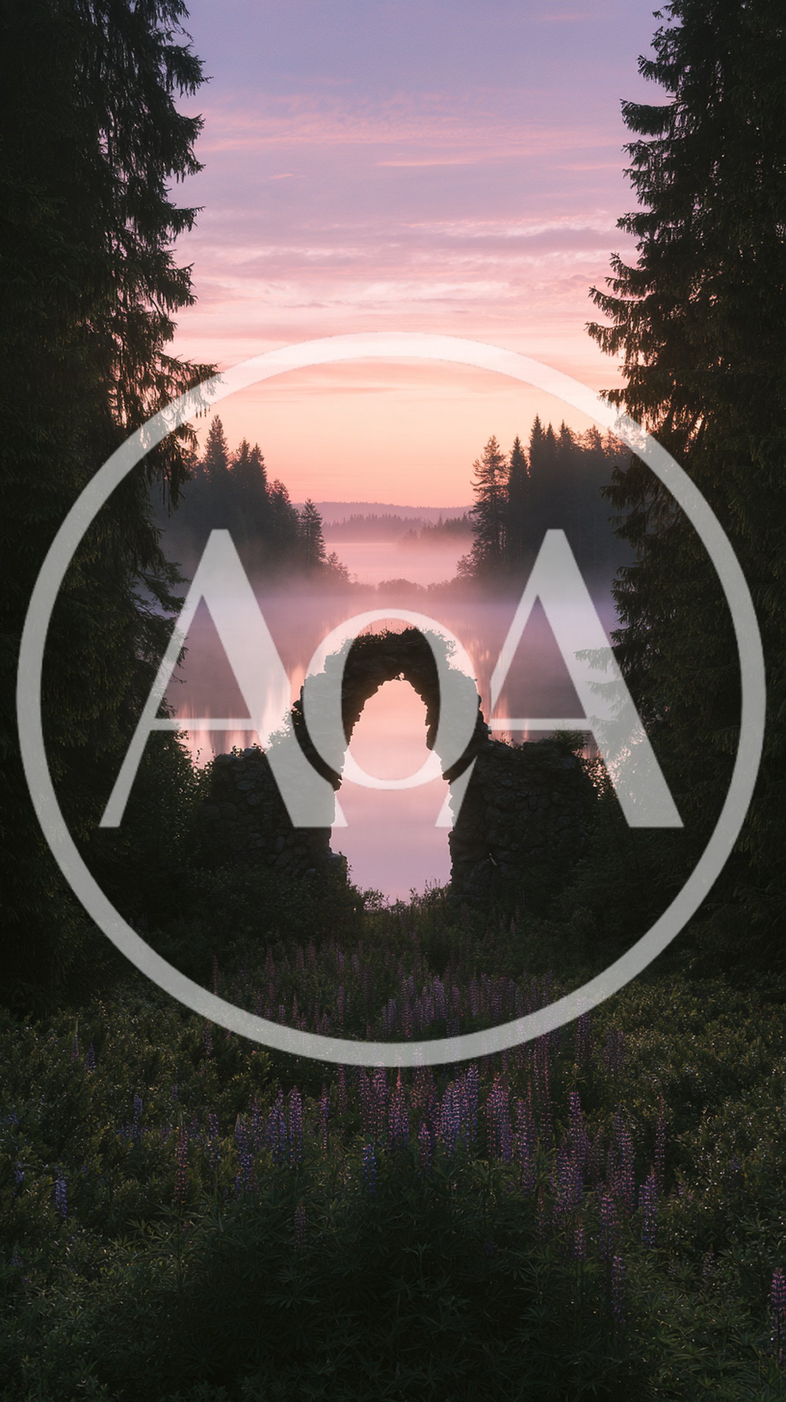 Stone Archway Overlooking A Misty Lake At Sunrise