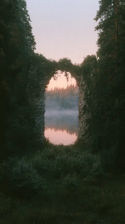 Ancient Stone Archway Overlooking A Misty Forest Lake
