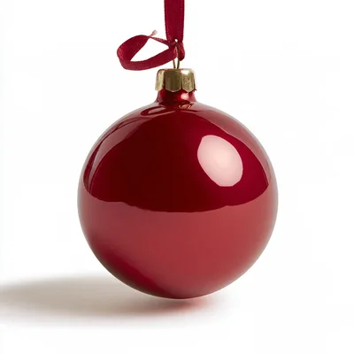 Shiny Red Christmas Ornament Hanging On White Background