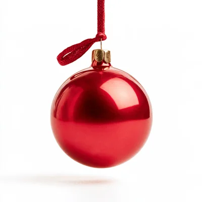 Shiny Red Christmas Ornament Hanging On White Background