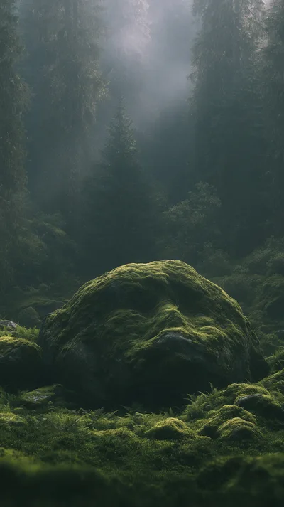 Moss Covered Rock In A Misty Forest