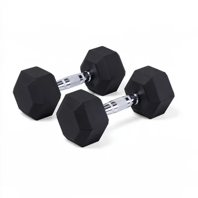 Two Black Hexagonal Rubber Dumbbells on White Background
