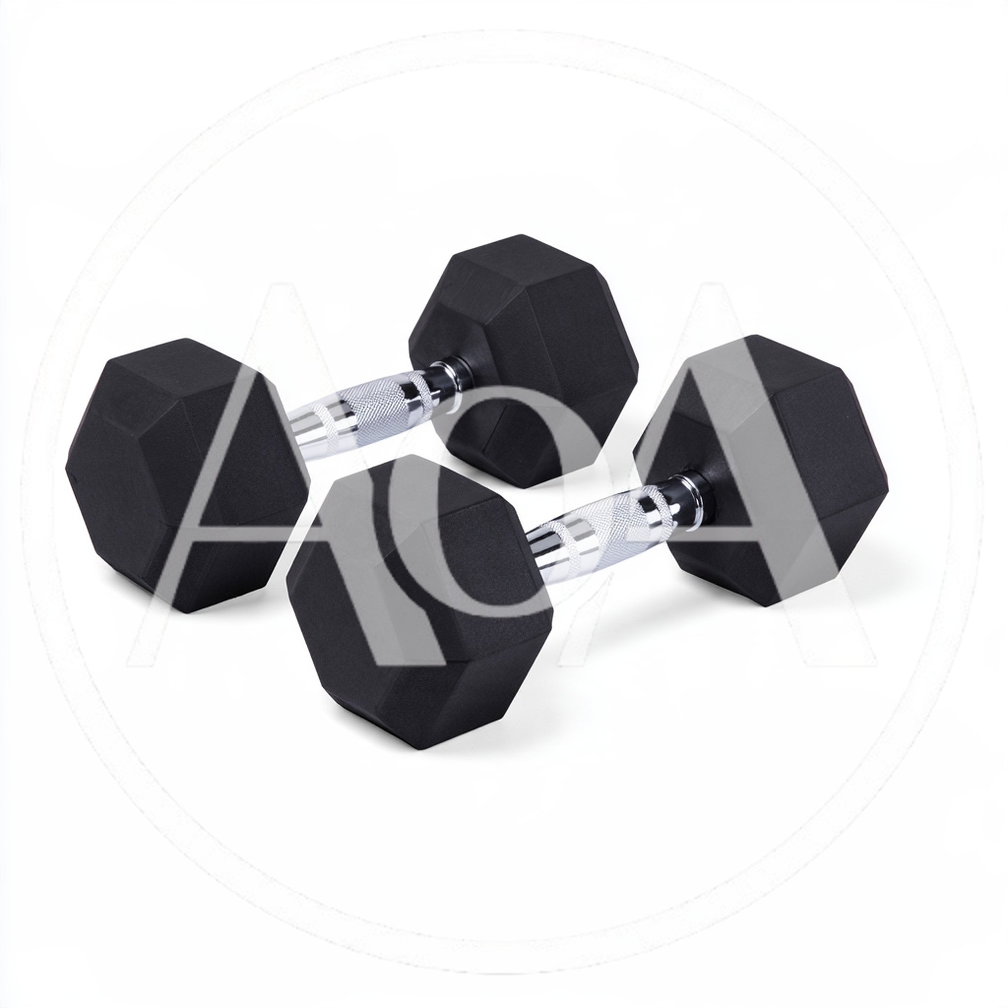 Two Black Hexagonal Rubber Dumbbells on White Background