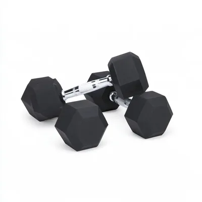 Two Black Hexagonal Rubber Dumbbells on White Background
