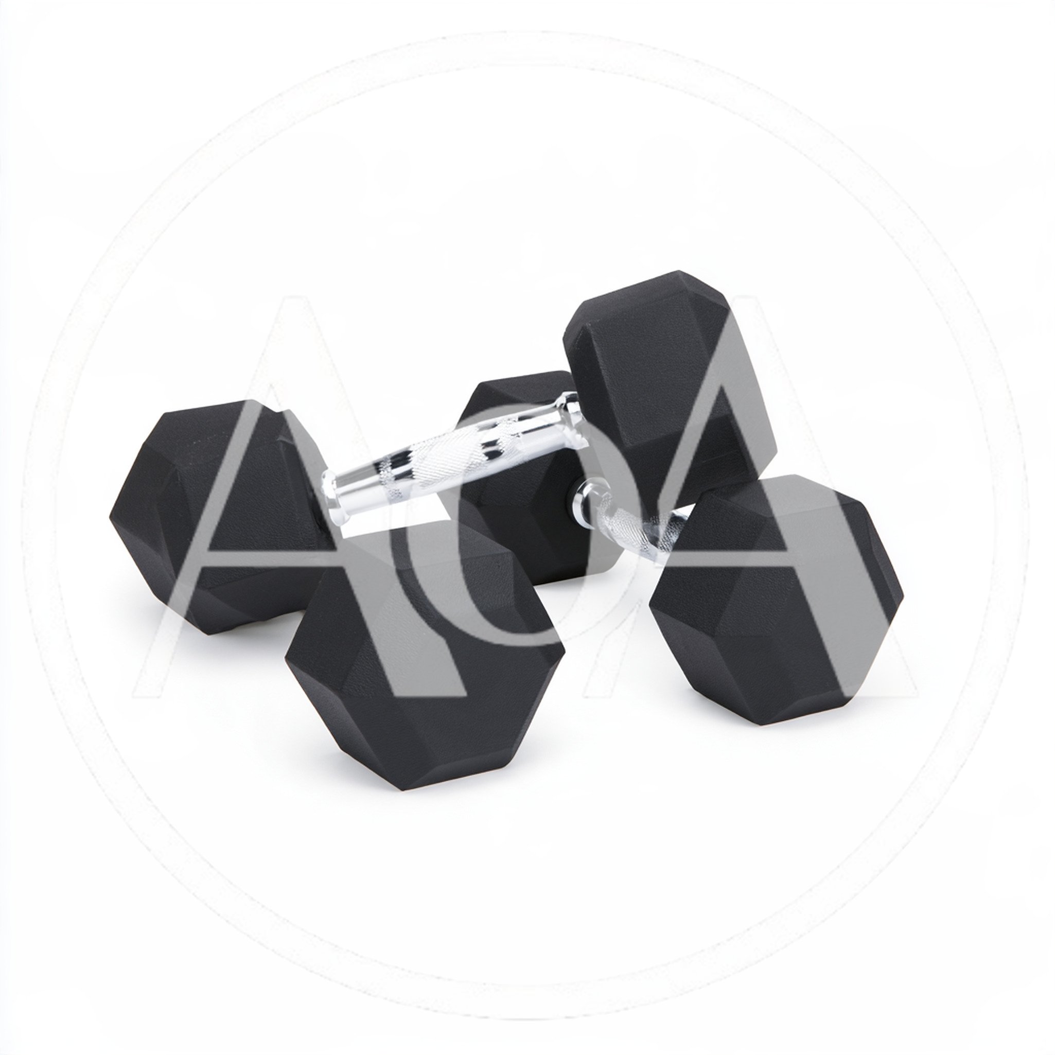 Two Black Hexagonal Rubber Dumbbells on White Background