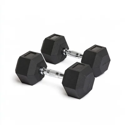 Two Black Hexagonal Rubber Dumbbells on White Background