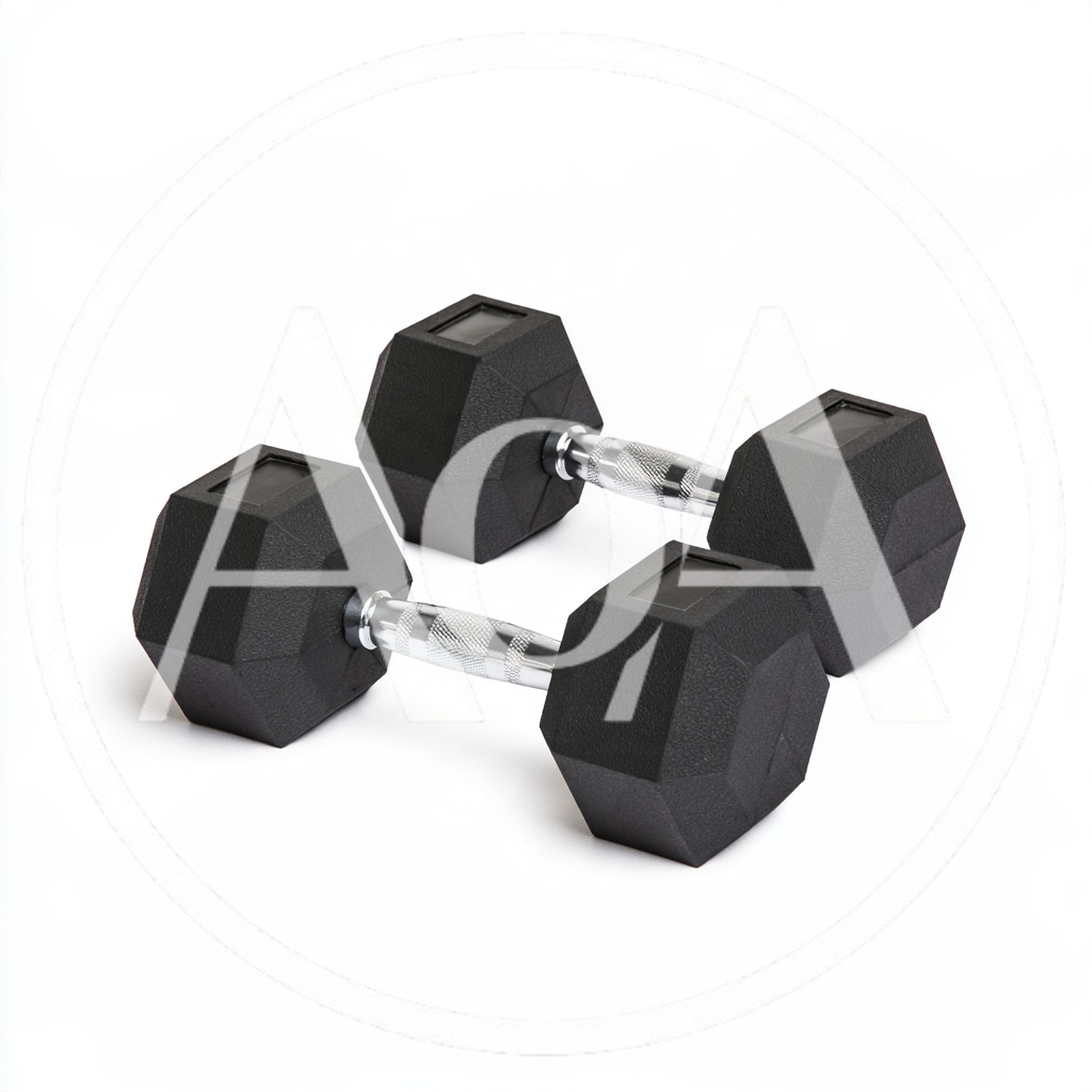 Two Black Hexagonal Rubber Dumbbells on White Background