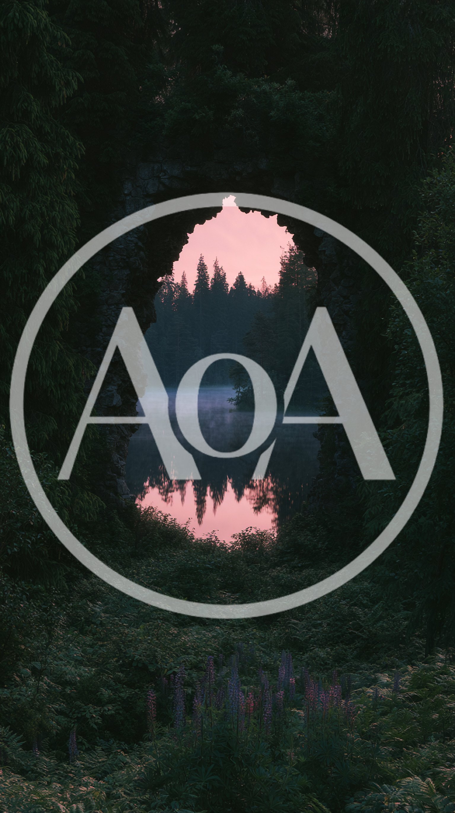 Stone Archway Overlooking A Misty Forest Lake At Sunset