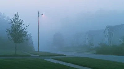 Suburban Street Scene In Dense Morning Fog