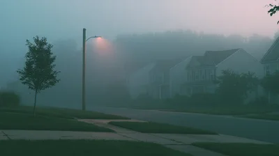 Suburban Street Scene In Dense Morning Fog