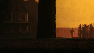 Spooky Haunted House With Scarecrow In Cornfield