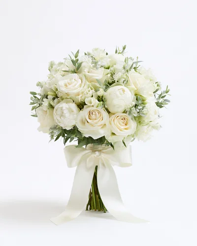 Elegant White Wedding Bouquet With Satin Ribbon