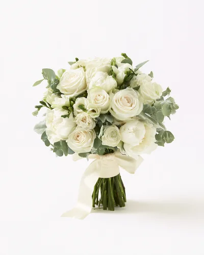 Elegant White Rose Wedding Bouquet With Eucalyptus