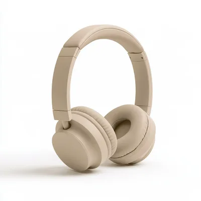 Beige Wireless Over Ear Headphones On White Background