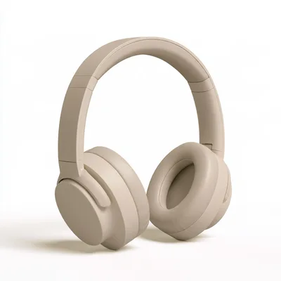 Beige Wireless Over Ear Headphones On White Background