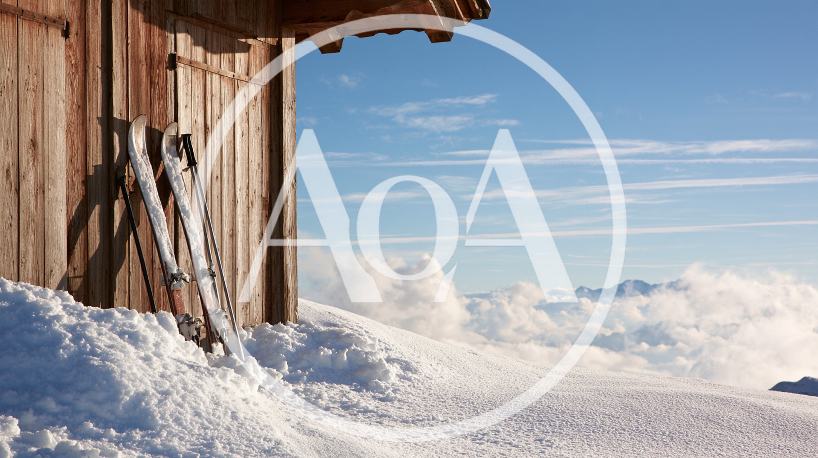 Skis Leaning Against A Wooden Alpine Hut