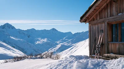 Wooden Ski Cabin In Snowy Alpine Mountains